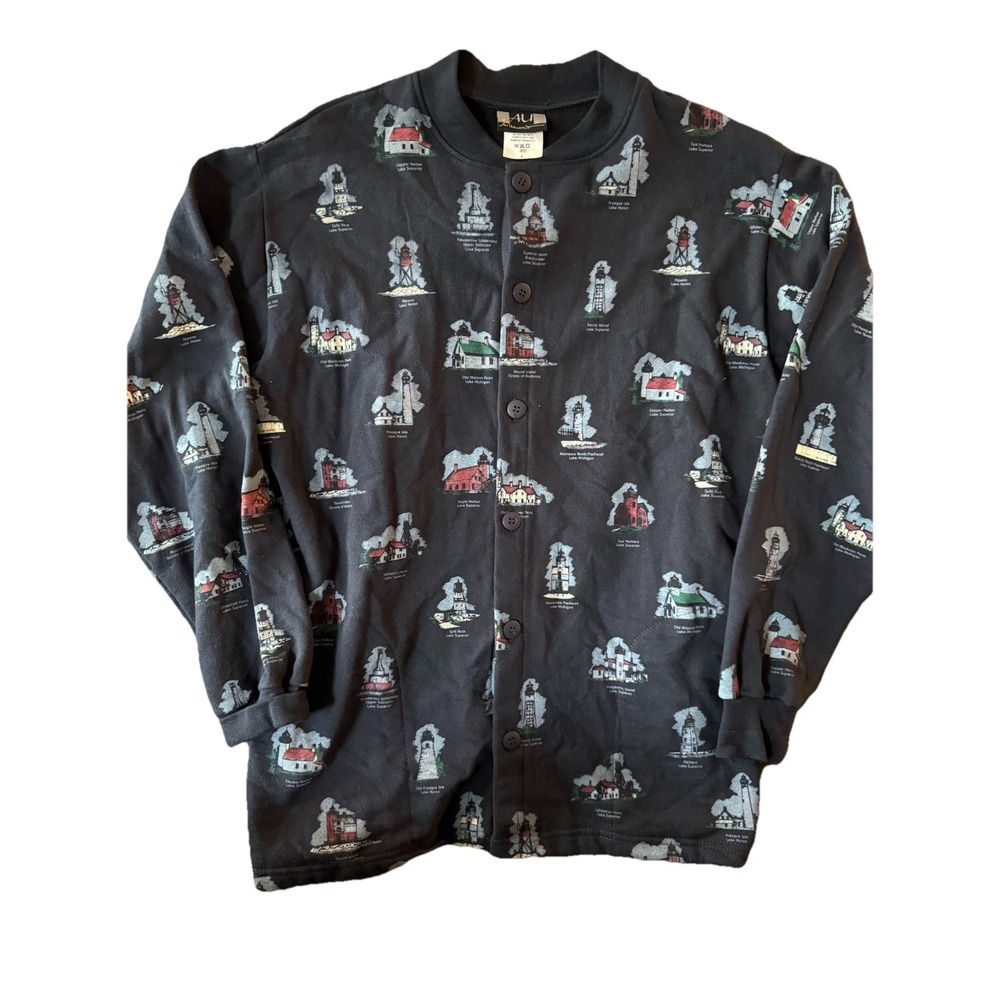 Art Unlimited Lighthouse Sweatshirt Button Up Sz L Vtg USA Navy‎ Cotton Blend